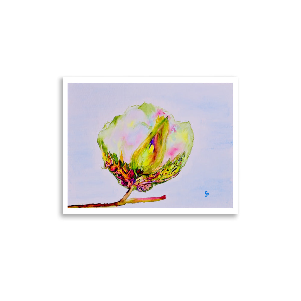 Colorful abstract painting of a cotton boll on a light purple background