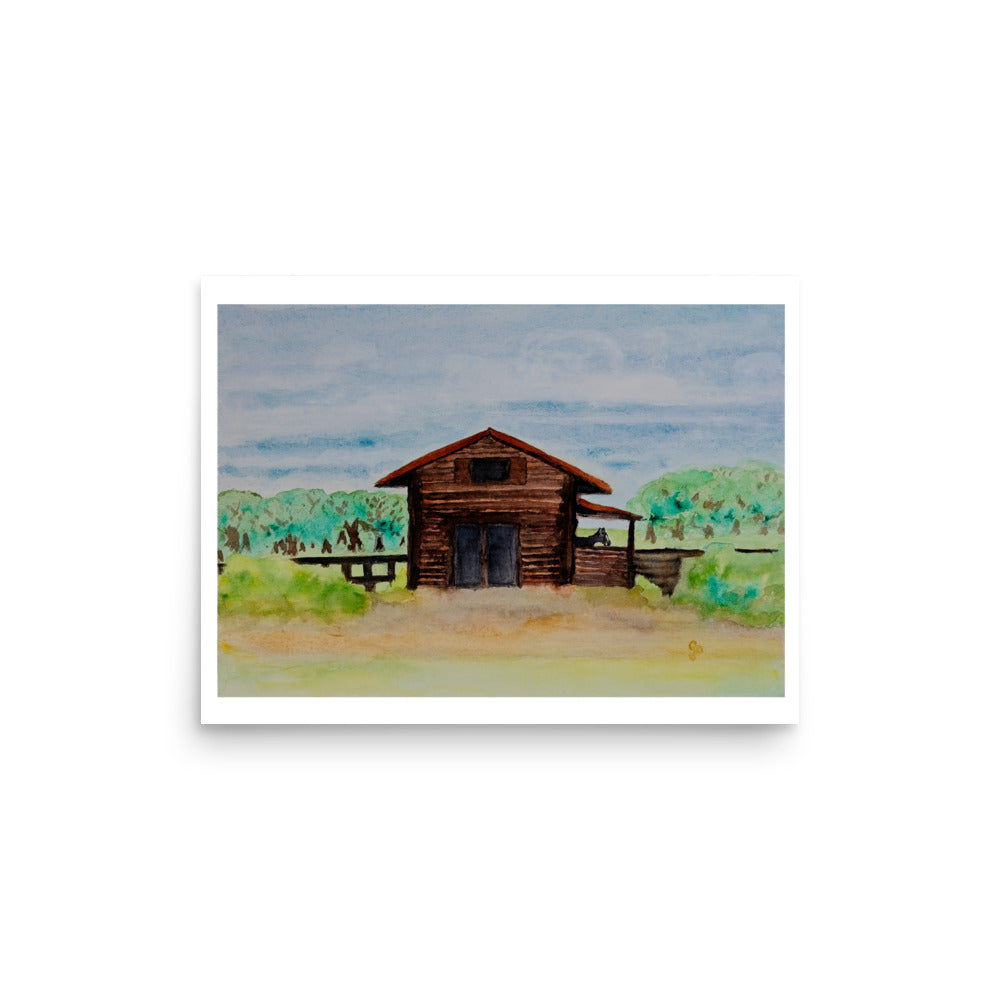 Painting of a wooden barn in a scenic landscape with trees and sky.