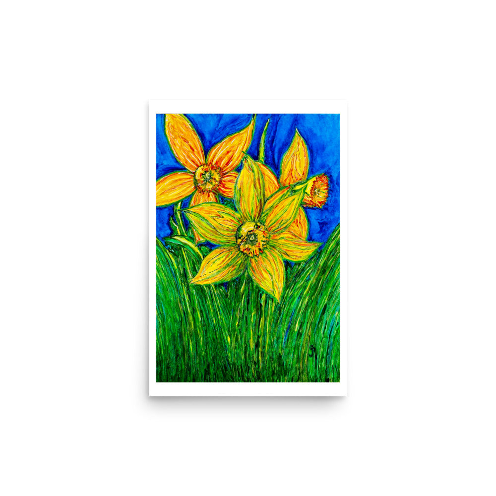 Painting of yellow flowers with a blue sky background