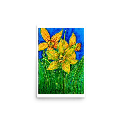 Painting of yellow flowers with a blue sky background