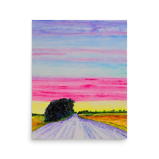 Colorful landscape painting with a road and tree, white background