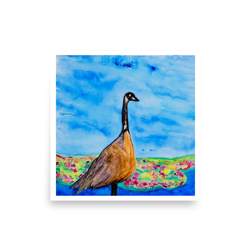 Painting of a goose with a colorful landscape in the background