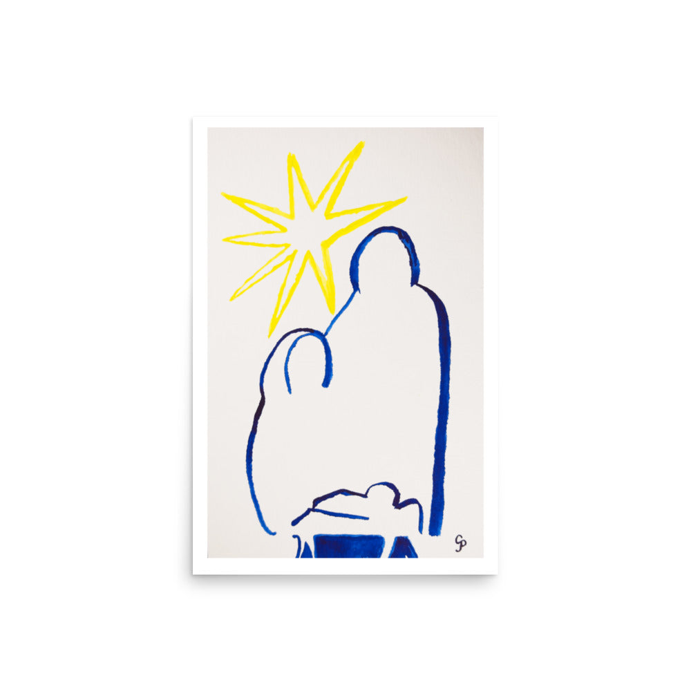 Art print of a stylized nativity scene with a yellow star on a white background