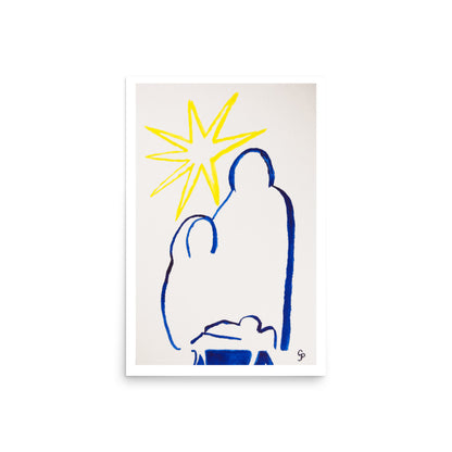 Art print of a stylized nativity scene with a yellow star on a white background