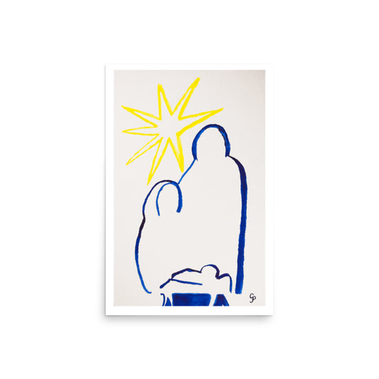 Art print of a stylized nativity scene with a yellow star on a white background