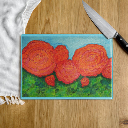 Tempered glass cutting board featuring original artwork—durable, heat-resistant, and perfect for food prep or serving; adds a stylish, artistic touch to any kitchen or countertop.