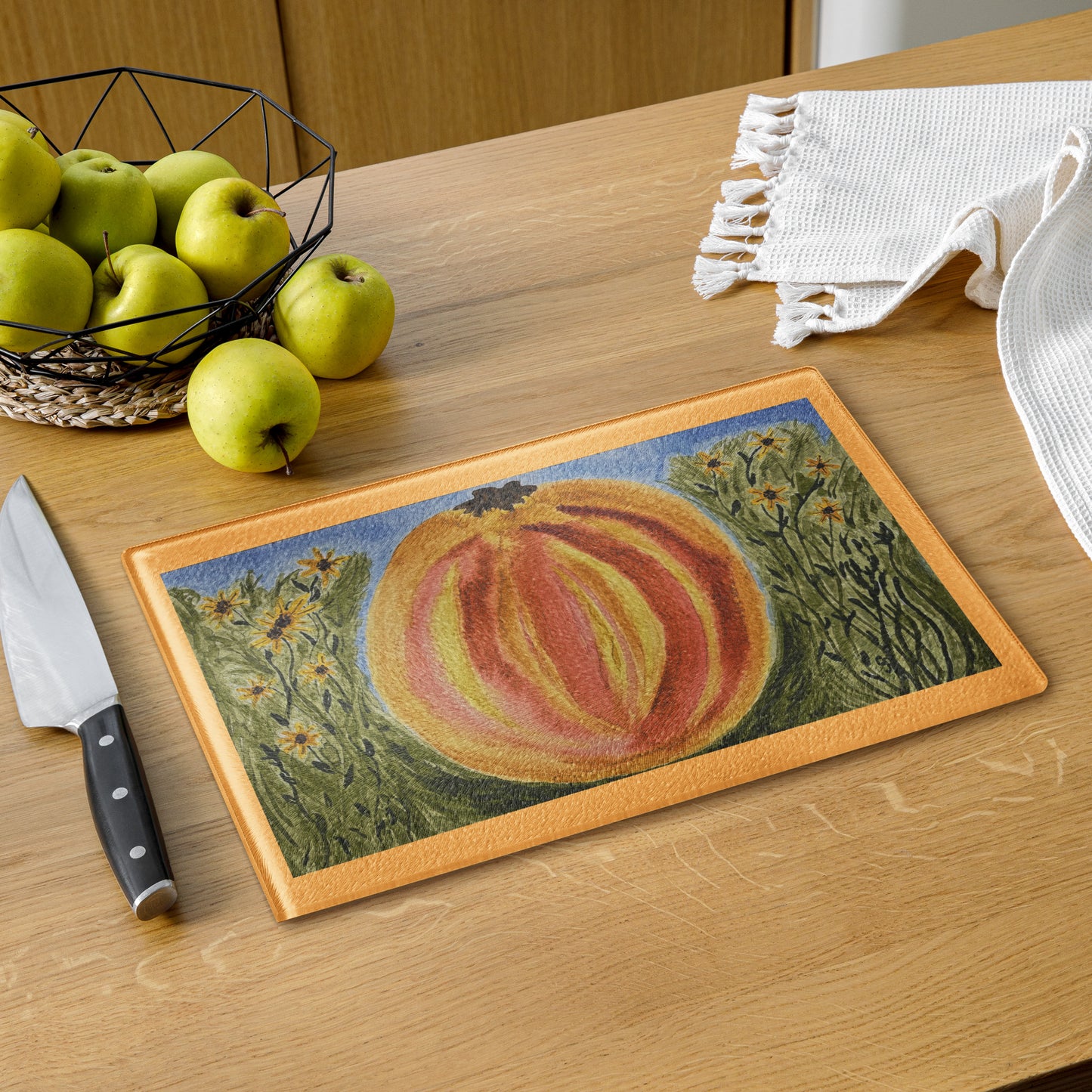 Tempered glass cutting board featuring original artwork—durable, heat-resistant, and perfect for food prep or serving; adds a stylish, artistic touch to any kitchen or countertop.