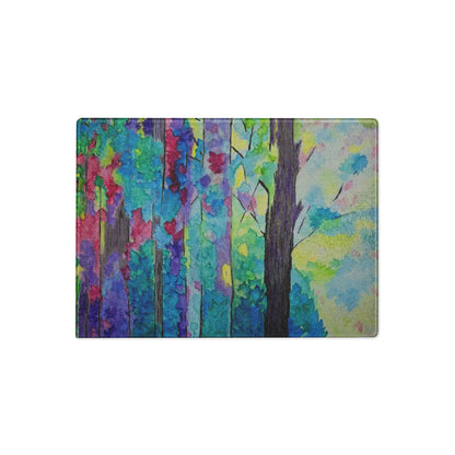 Tempered glass cutting board featuring original artwork—durable, heat-resistant, and perfect for food prep or serving; adds a stylish, artistic touch to any kitchen or countertop.
