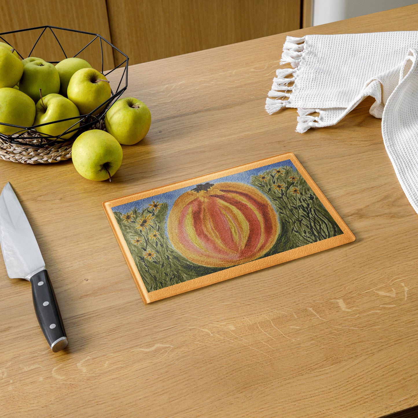Tempered glass cutting board featuring original artwork—durable, heat-resistant, and perfect for food prep or serving; adds a stylish, artistic touch to any kitchen or countertop.
