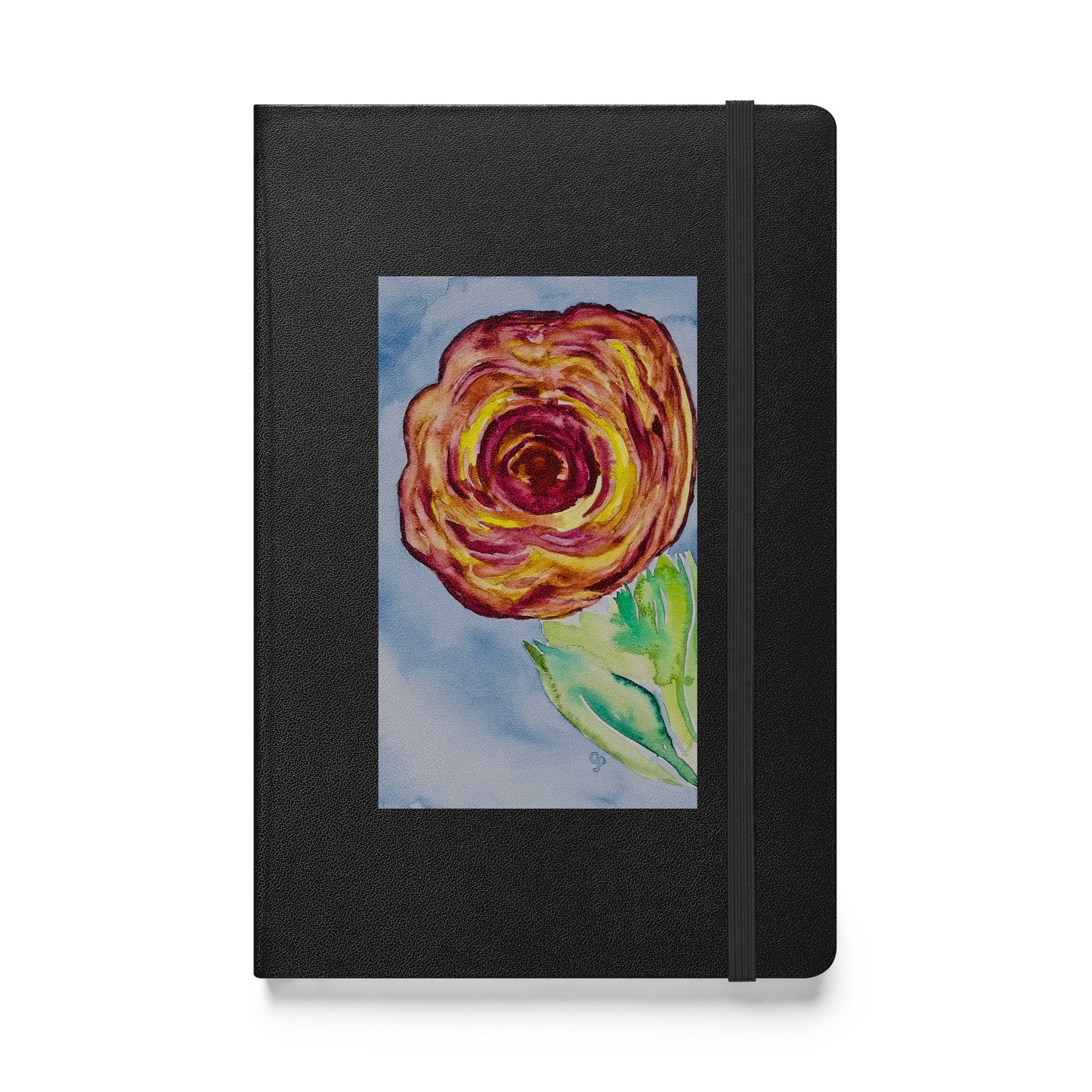 Black notebook with a colorful rose original watercolor design on it