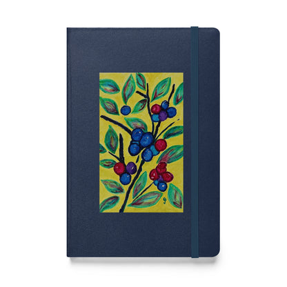 Navy blue notebook with a colorful blueberry design on a white background