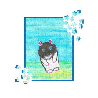 Jigsaw puzzle with a completed design of a black and white hamster on a blue background