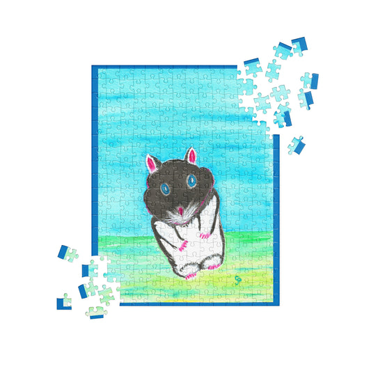 Jigsaw puzzle with a completed design of a black and white hamster on a blue background