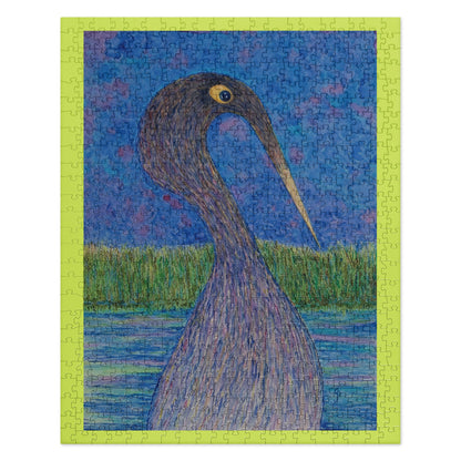 Jigsaw puzzle with a bird design on a blue and green background