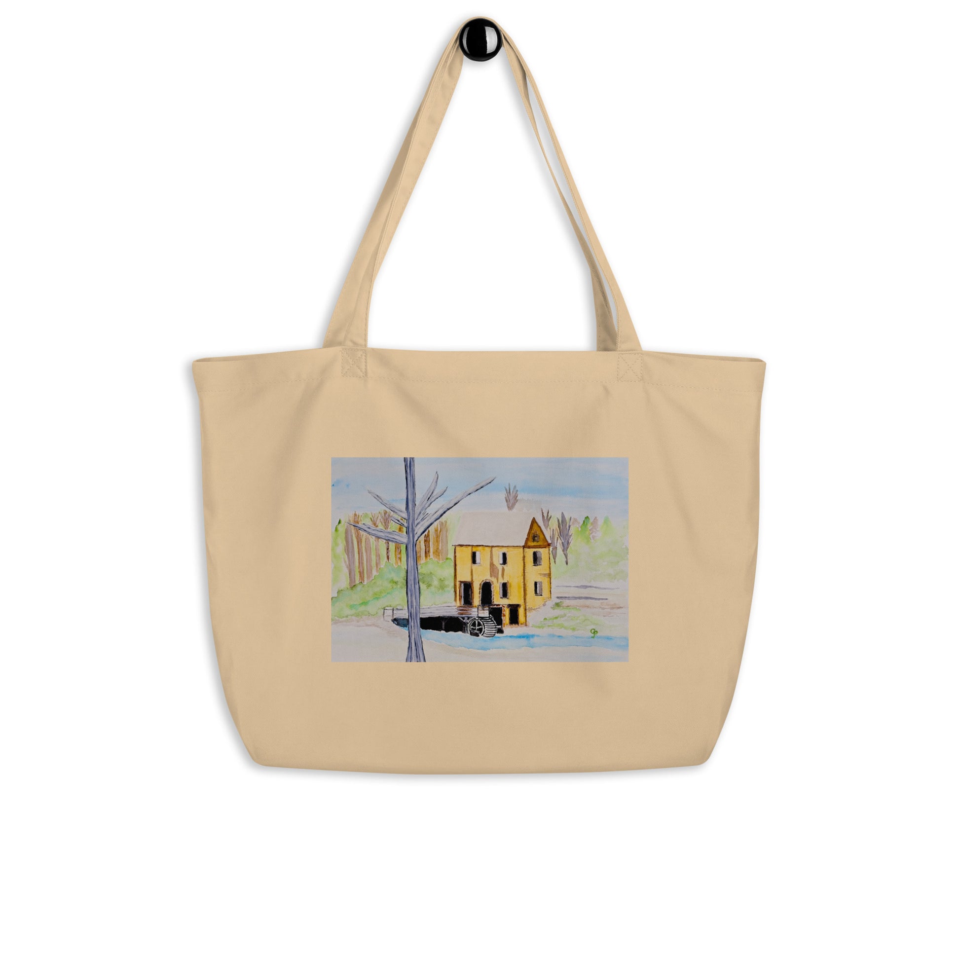 Large organic tote bag with original landscape artwork, featuring a spacious interior, sturdy straps, and lightweight design—perfect for travel, overnight stays, or stylish carry-on use.
