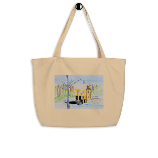 Large organic tote bag with original landscape artwork, featuring a spacious interior, sturdy straps, and lightweight design—perfect for travel, overnight stays, or stylish carry-on use.