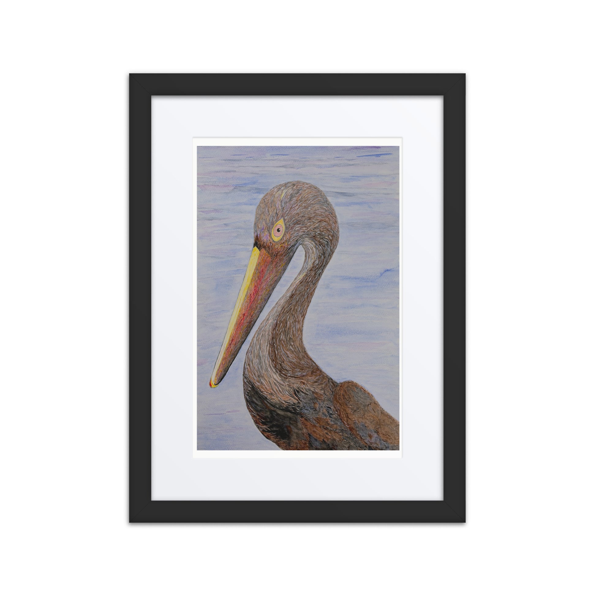 Framed artwork of a pelican on a white background