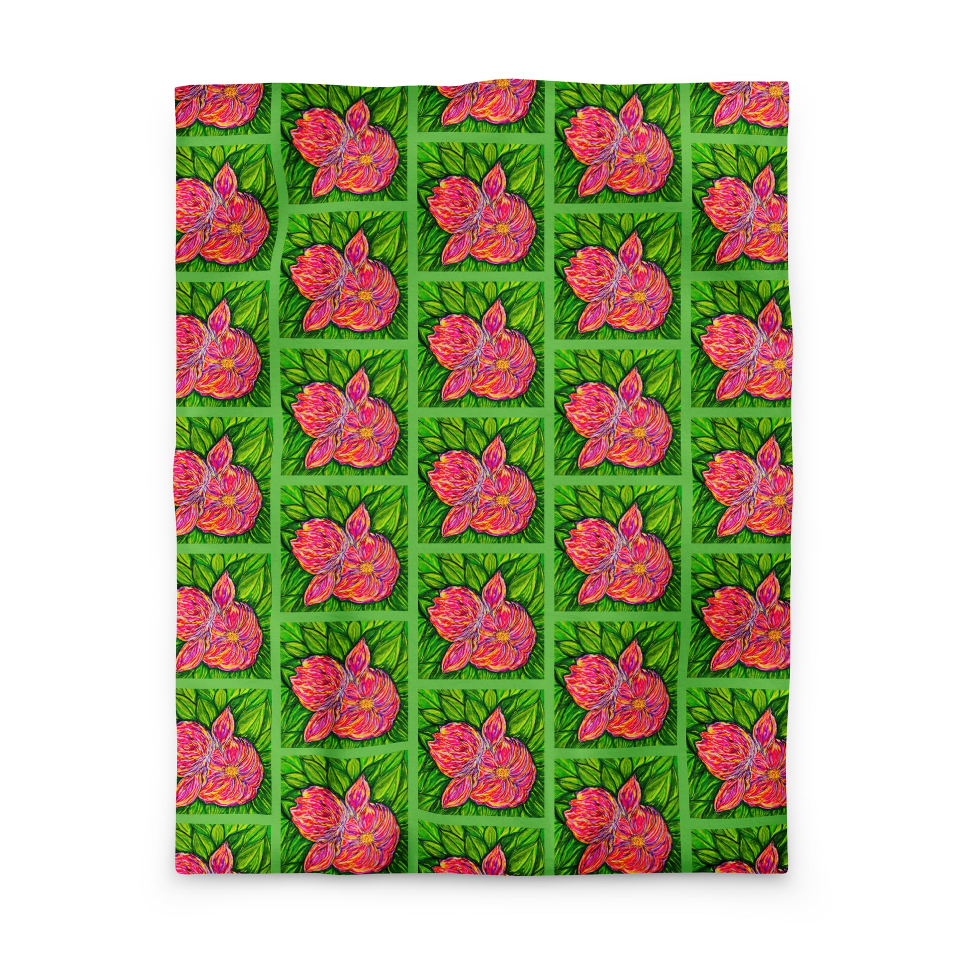 Patterned fabric with pink floral design on a green background