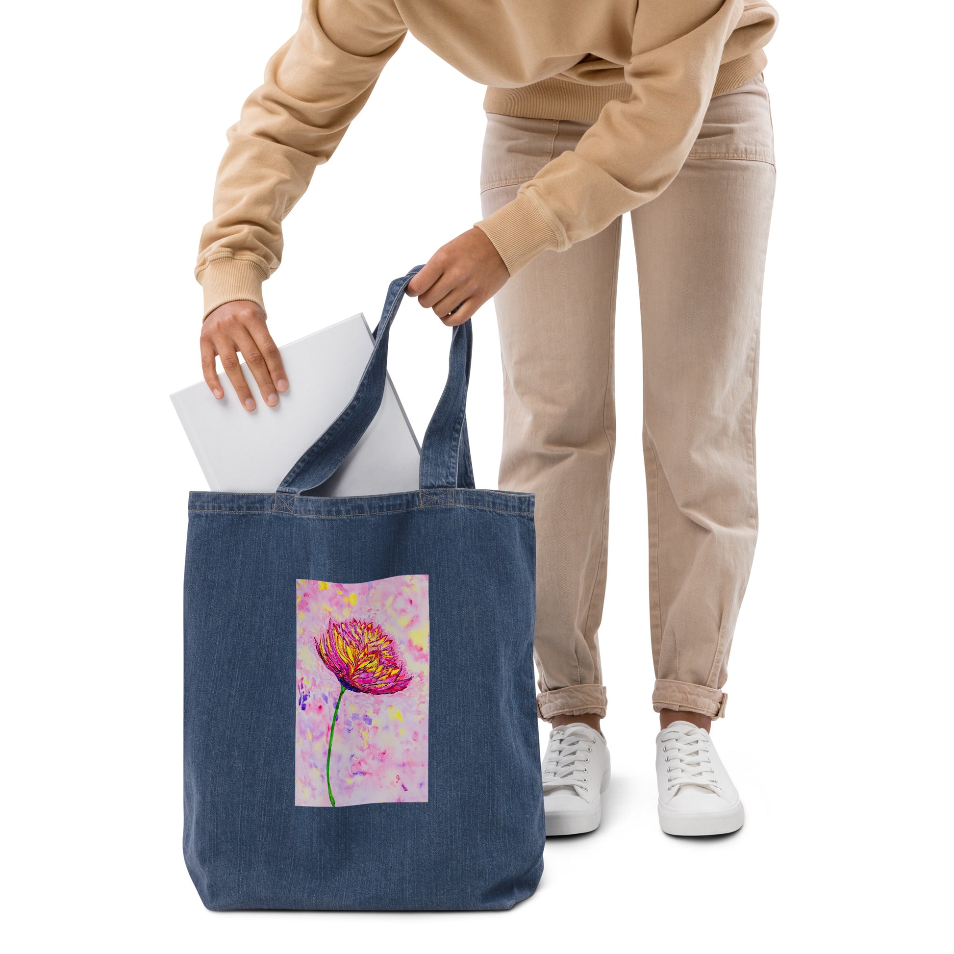 Organic denim tote bag with original watercolor artwork, featuring a spacious interior, sturdy straps, and lightweight design—perfect for travel, overnight stays, or stylish carry-on use.