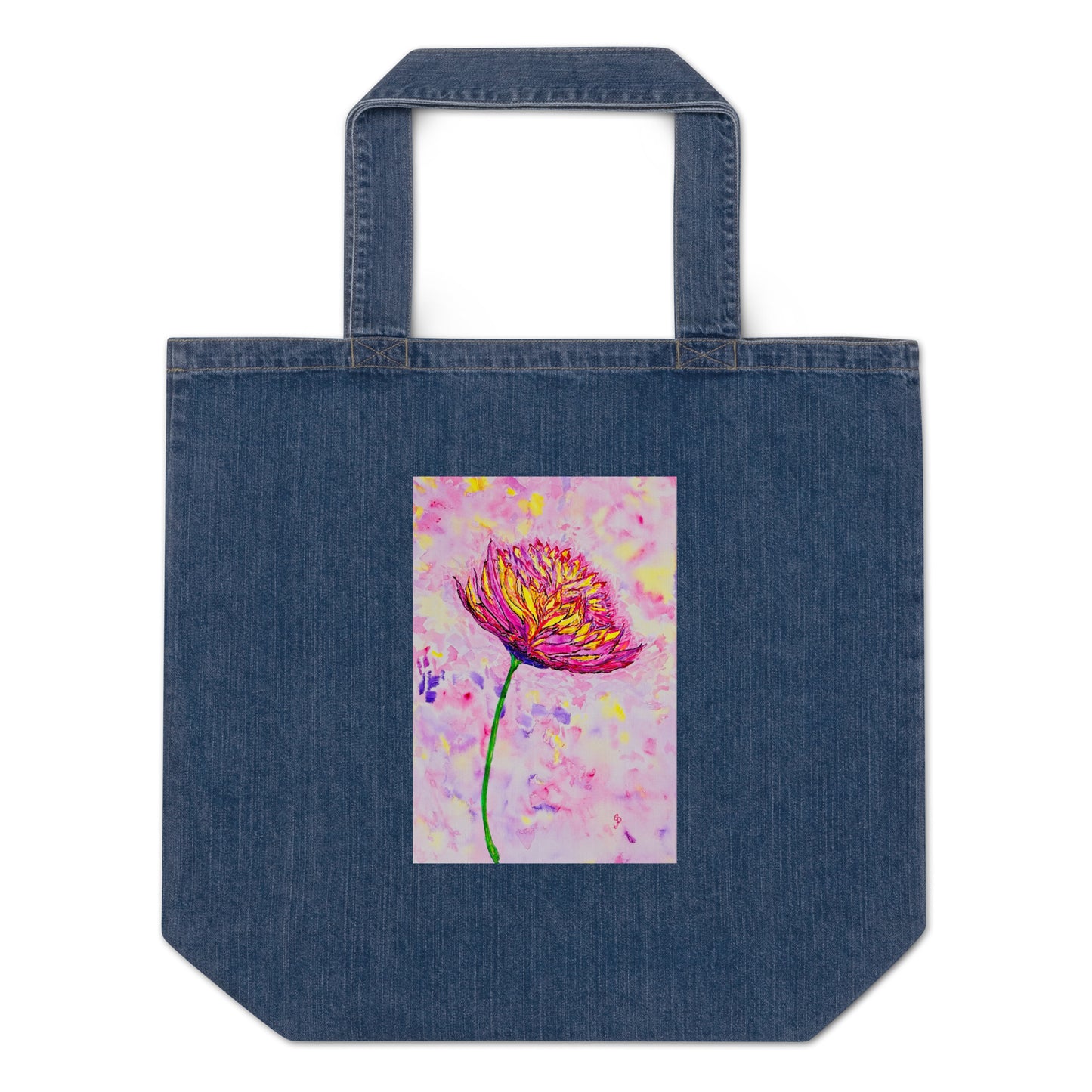 Denim tote bag with a colorful flower design on a white background