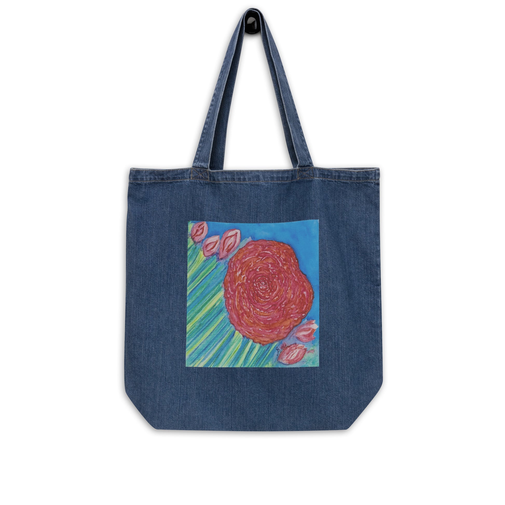 Large organic denim tote bag with original watercolor artwork, featuring a spacious interior, sturdy straps, and lightweight design—perfect for travel, overnight stays, or stylish carry-on use.