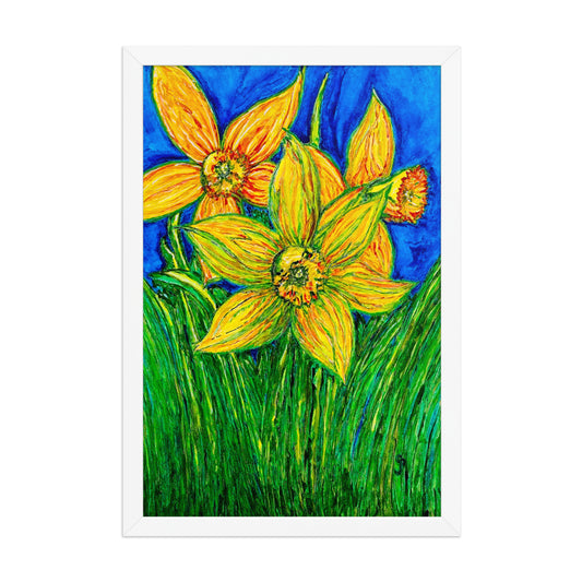 Painting of yellow flowers with a blue background