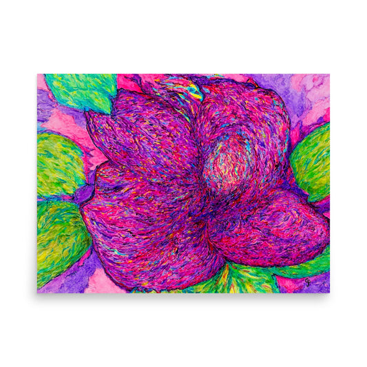 Colorful abstract painting of a flower with vibrant pink, green, and purple hues on a white background.