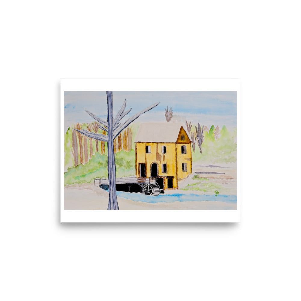 Painting of a yellow mill with trees and water in the background