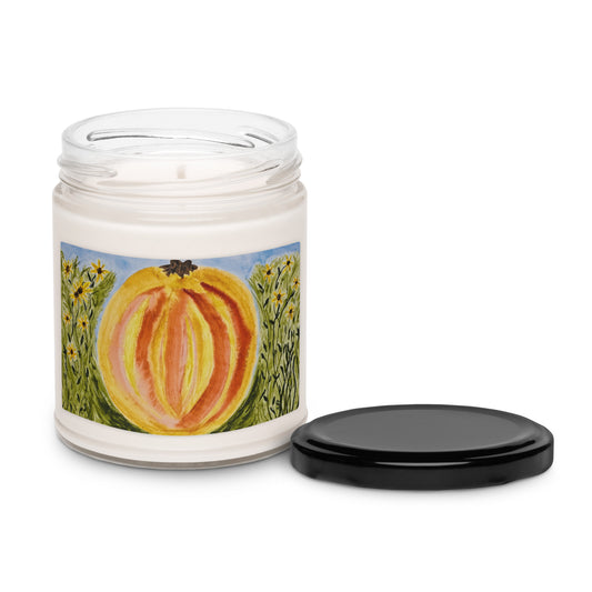 Scented soy candle featuring original artwork on the label—eco-friendly, long-burning, and perfect for home décor, relaxation, or gifting with a natural, clean fragrance.
