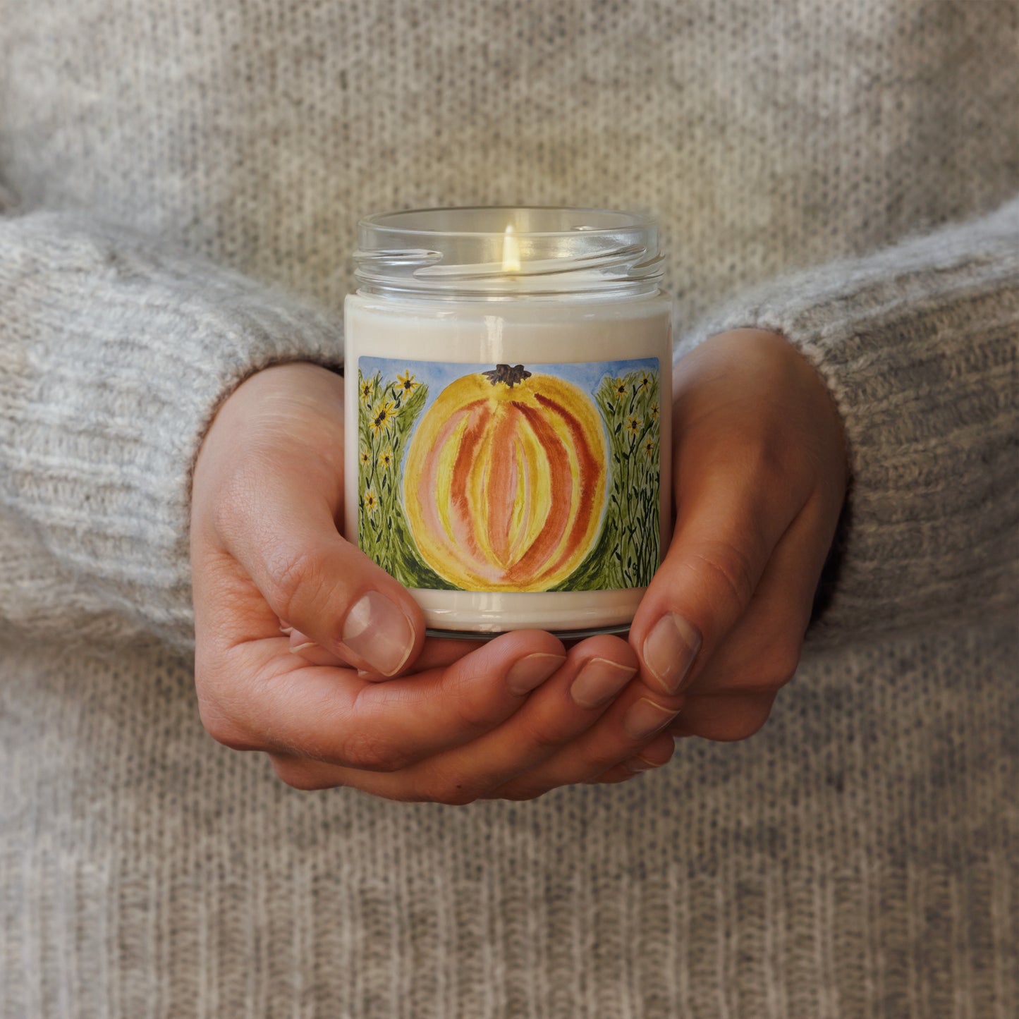 Scented soy candle featuring original artwork on the label—eco-friendly, long-burning, and perfect for home décor, relaxation, or gifting with a natural, clean fragrance.