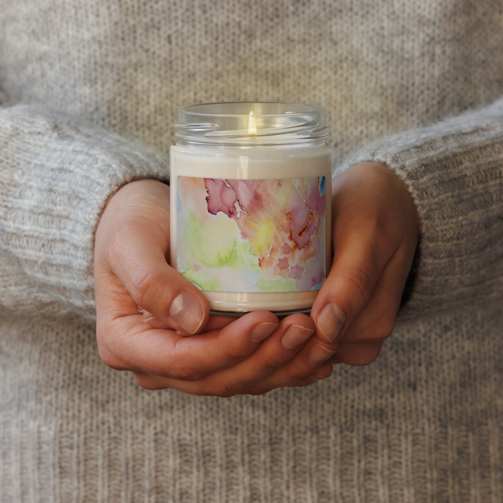 Scented soy candle featuring original artwork on the label—eco-friendly, long-burning, and perfect for home décor, relaxation, or gifting with a natural, clean fragrance.