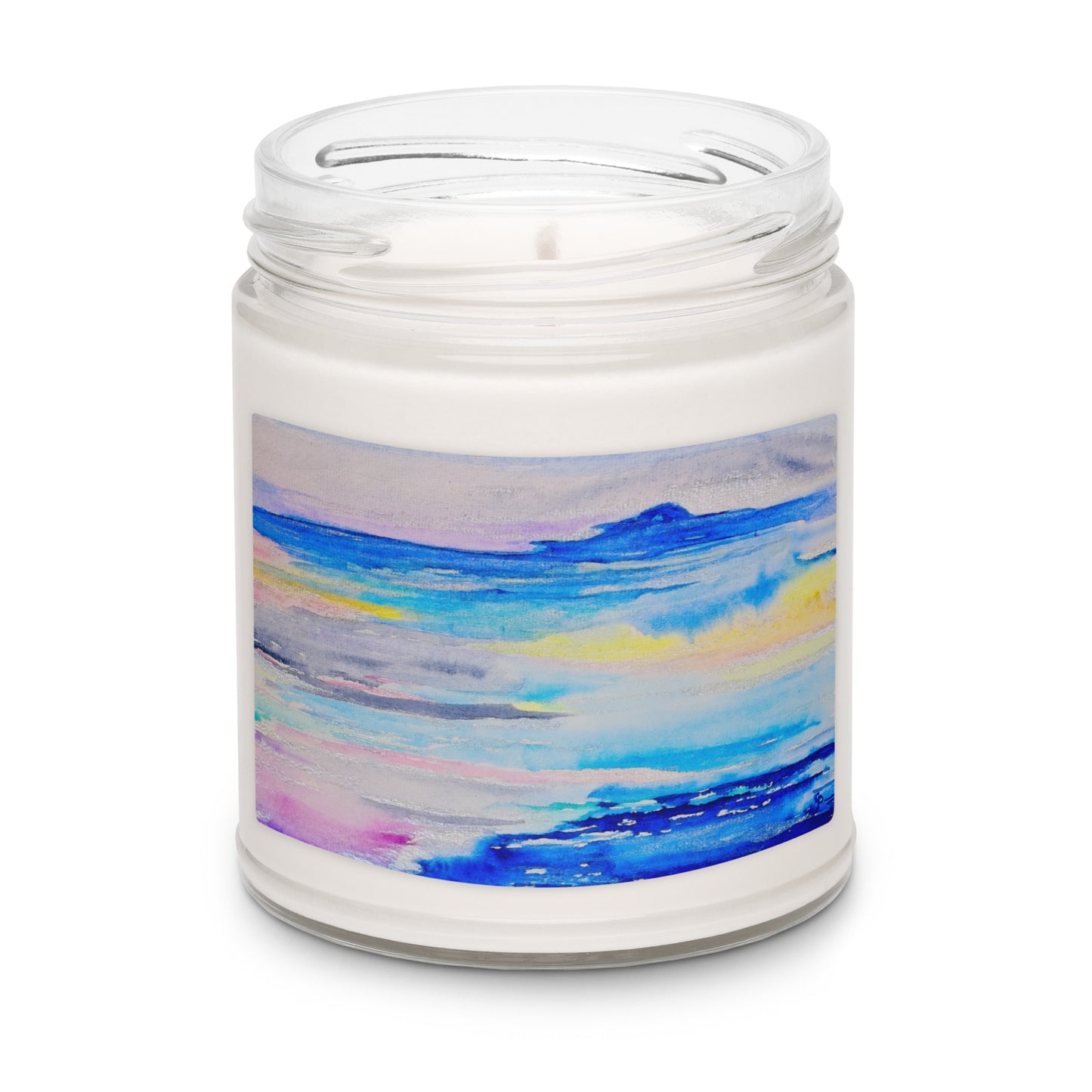 Scented soy candle featuring original artwork on the label—eco-friendly, long-burning, and perfect for home décor, relaxation, or gifting with a natural, clean fragrance.