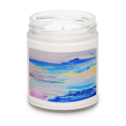 Scented soy candle featuring original artwork on the label—eco-friendly, long-burning, and perfect for home décor, relaxation, or gifting with a natural, clean fragrance.