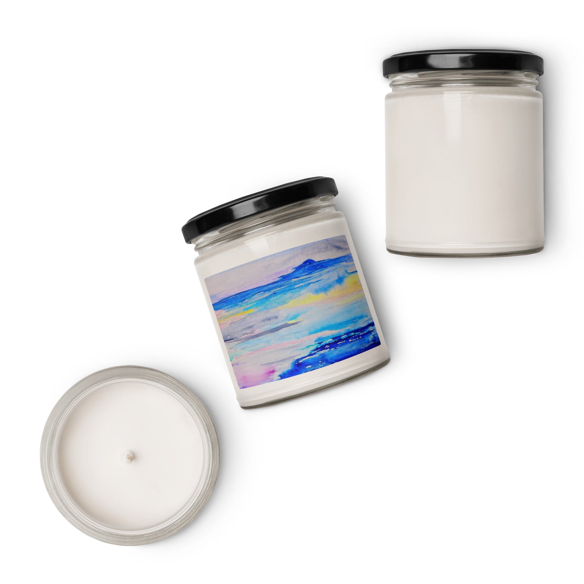 Scented soy candle featuring original artwork on the label—eco-friendly, long-burning, and perfect for home décor, relaxation, or gifting with a natural, clean fragrance.