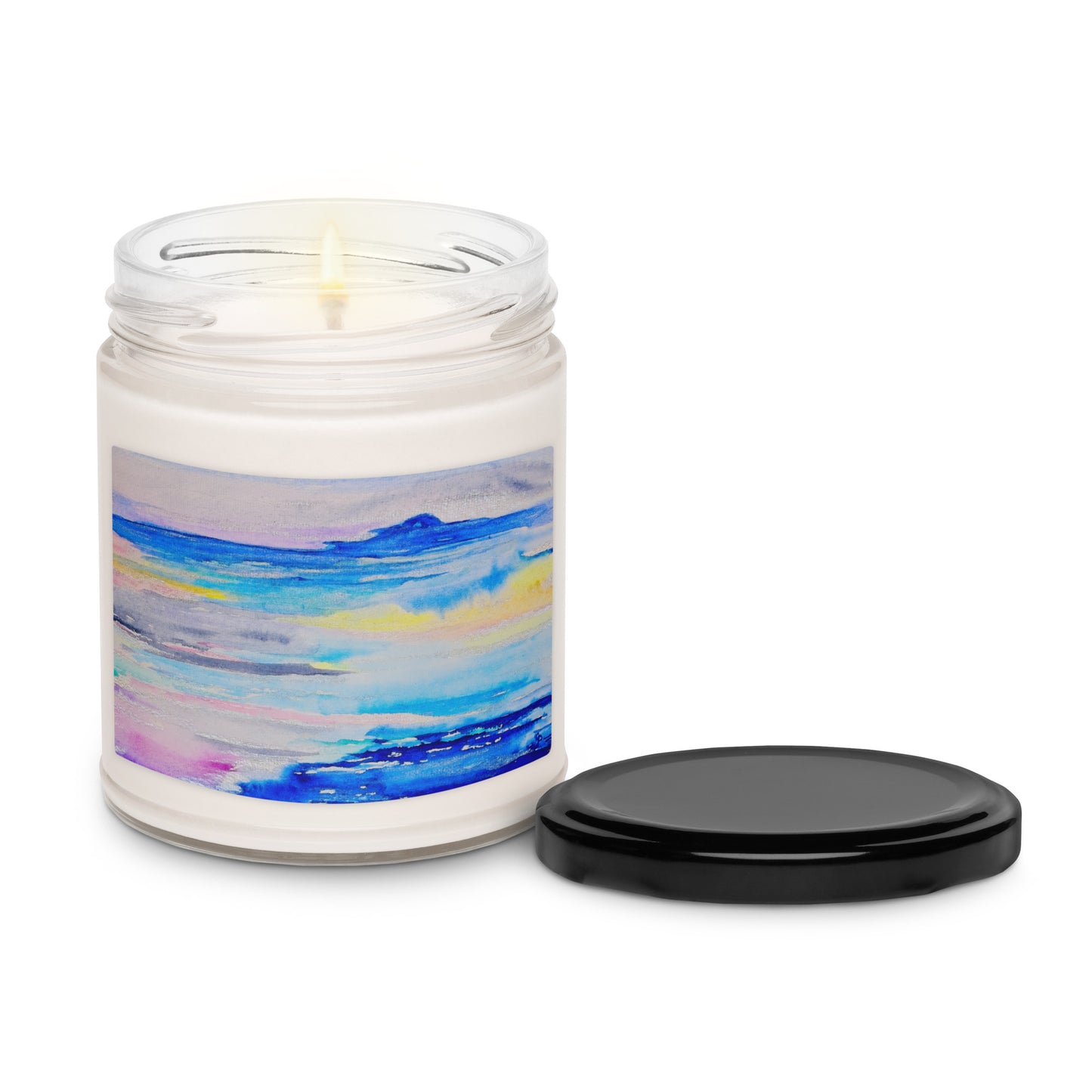 Scented soy candle featuring original artwork on the label—eco-friendly, long-burning, and perfect for home décor, relaxation, or gifting with a natural, clean fragrance.