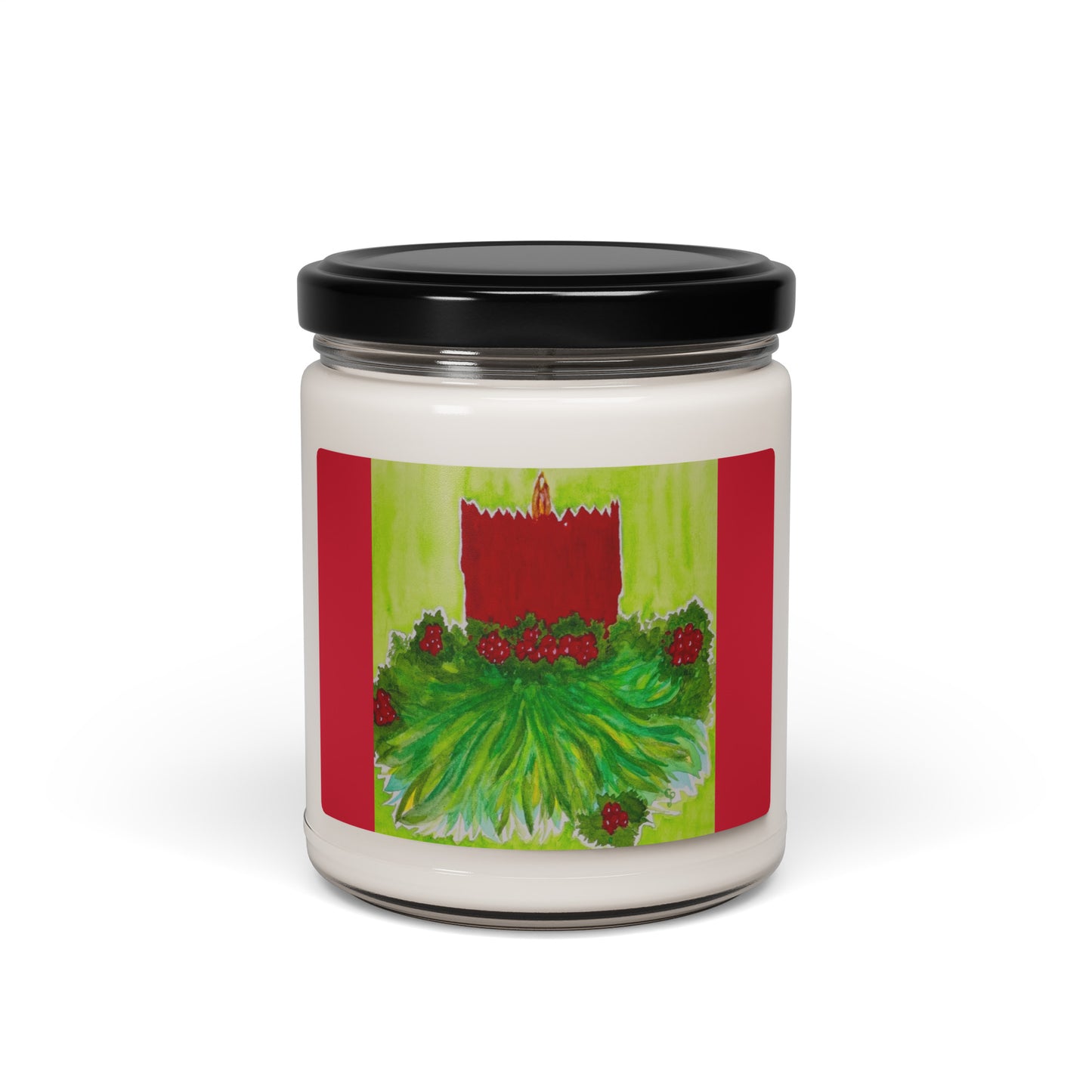 Candle jar with a festive label featuring a Christmas candle and berries