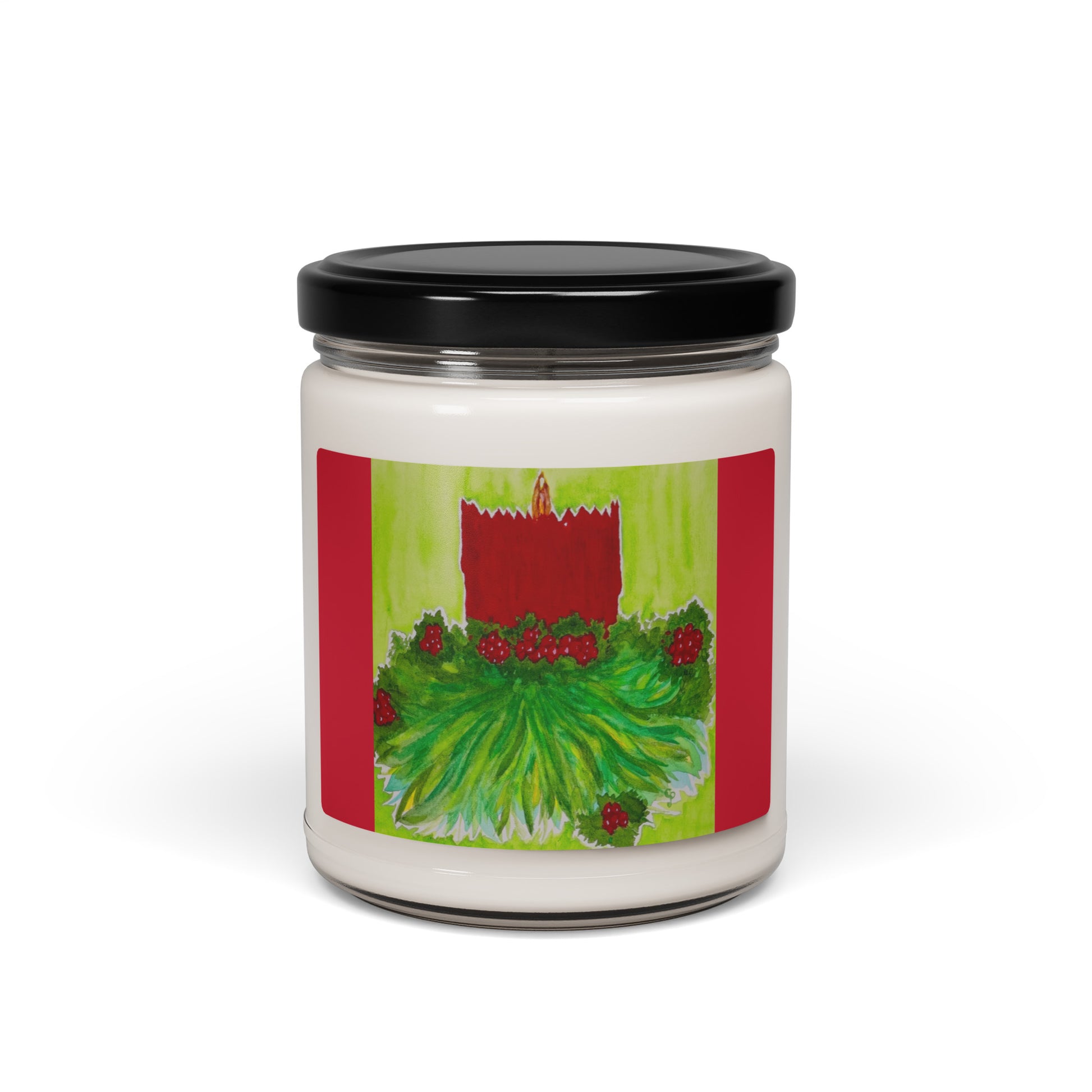 Candle jar with a festive label featuring a Christmas candle and berries