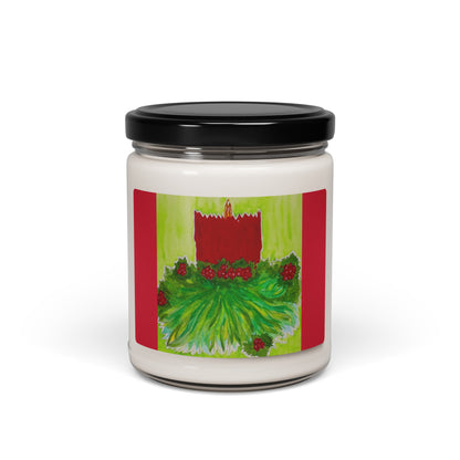 Candle jar with a festive label featuring a Christmas candle and berries