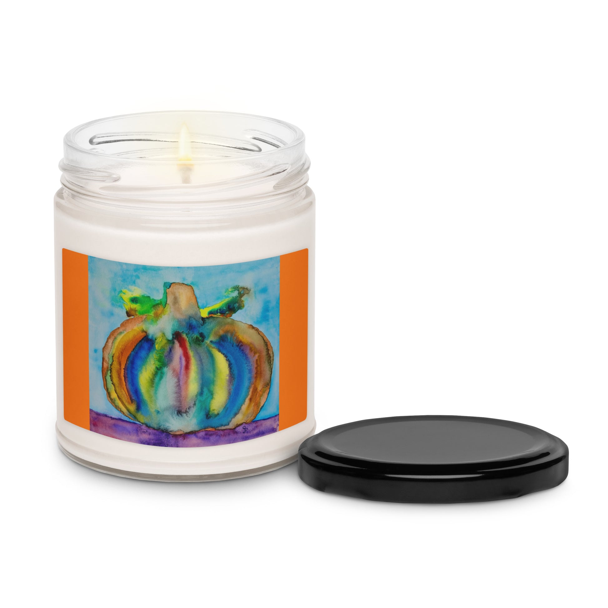 Scented soy candle featuring original artwork on the label—eco-friendly, long-burning, and perfect for home décor, relaxation, or gifting with a natural, clean fragrance.
