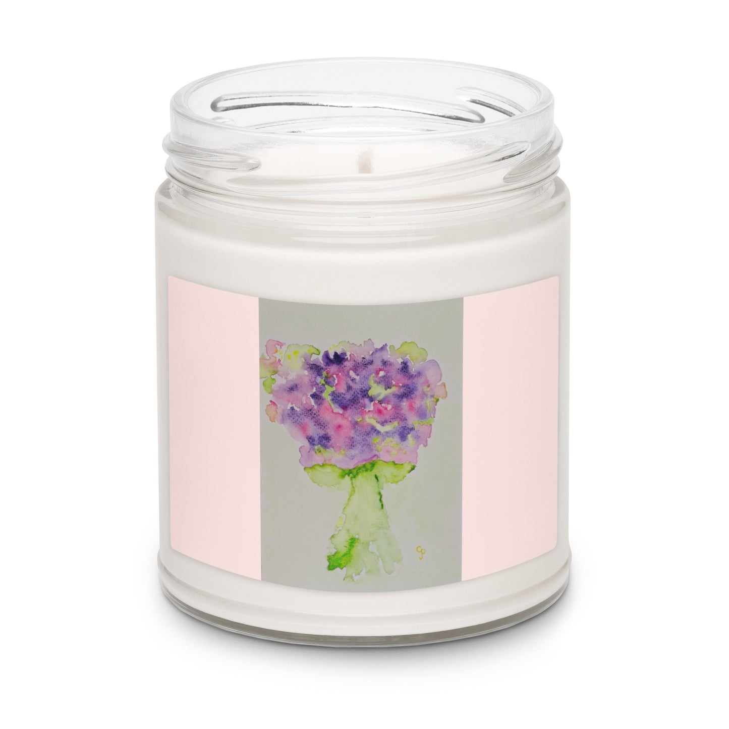 Scented soy candle featuring original artwork on the label—eco-friendly, long-burning, and perfect for home décor, relaxation, or gifting with a natural, clean fragrance.