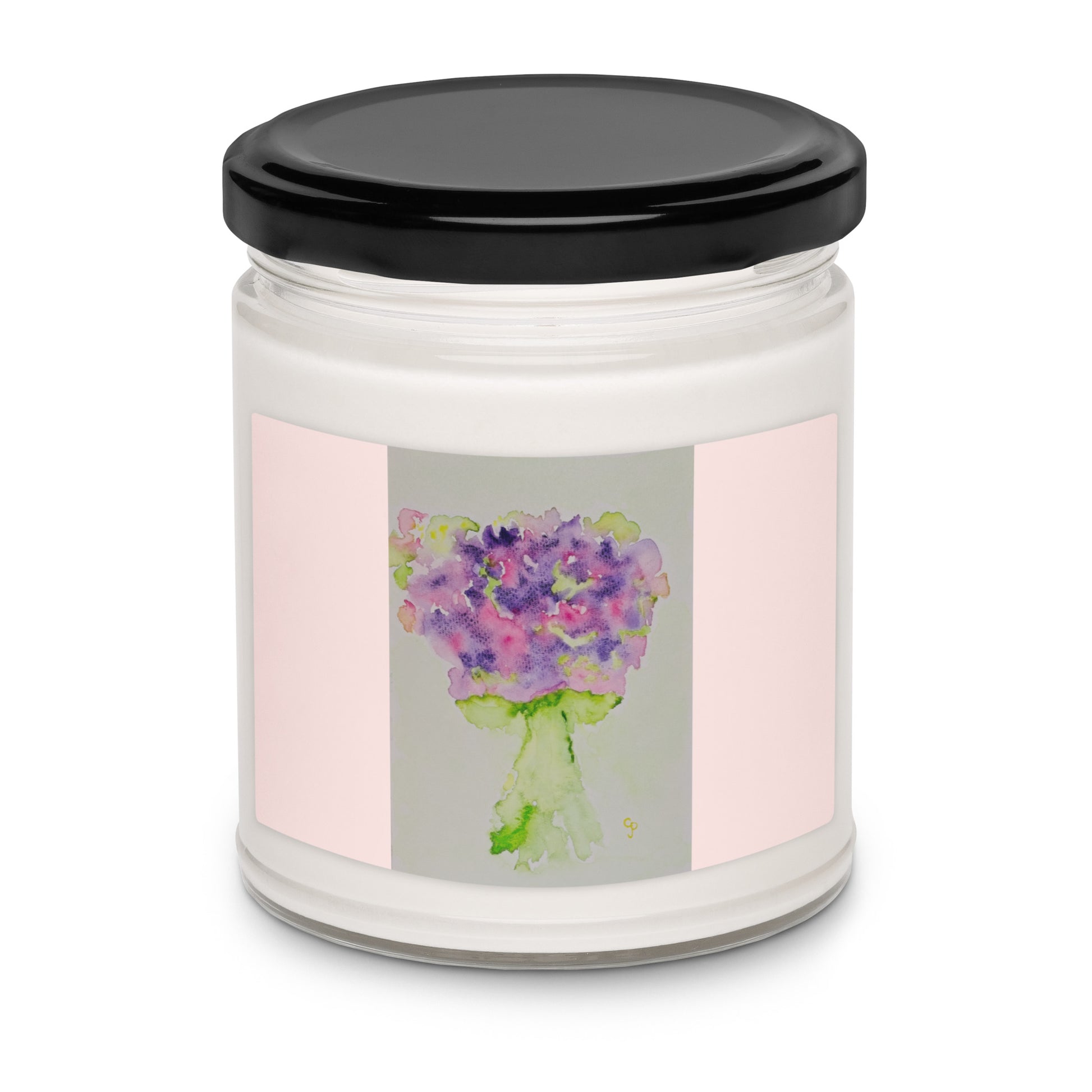 Scented soy candle featuring original artwork on the label—eco-friendly, long-burning, and perfect for home décor, relaxation, or gifting with a natural, clean fragrance.