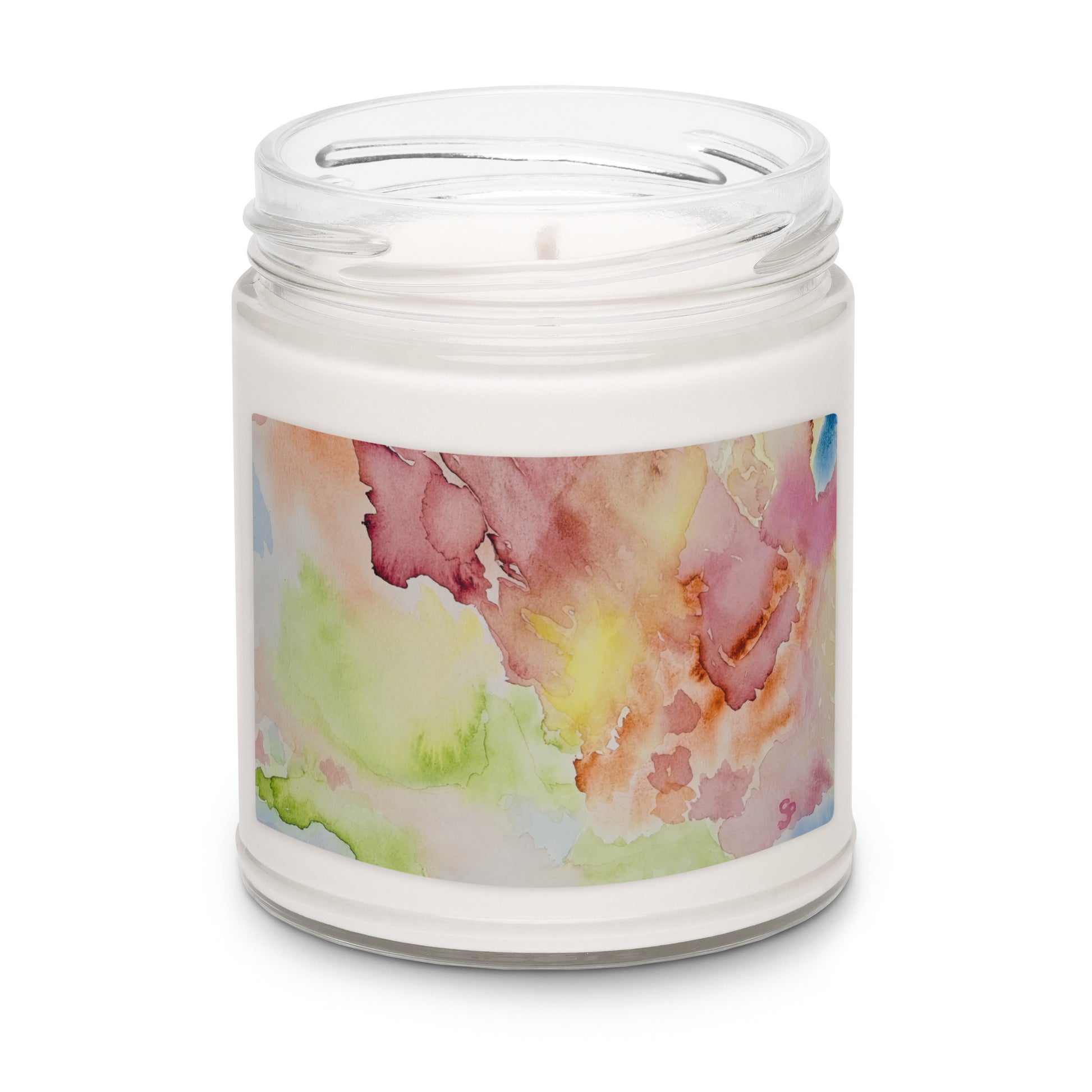 Scented soy candle featuring original artwork on the label—eco-friendly, long-burning, and perfect for home décor, relaxation, or gifting with a natural, clean fragrance.