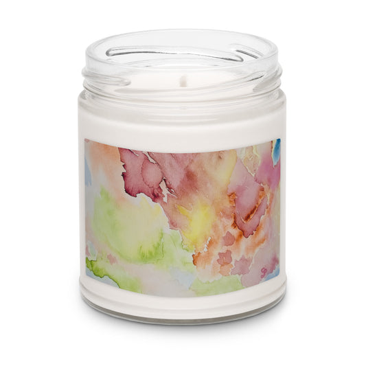 Scented soy candle featuring original artwork on the label—eco-friendly, long-burning, and perfect for home décor, relaxation, or gifting with a natural, clean fragrance.
