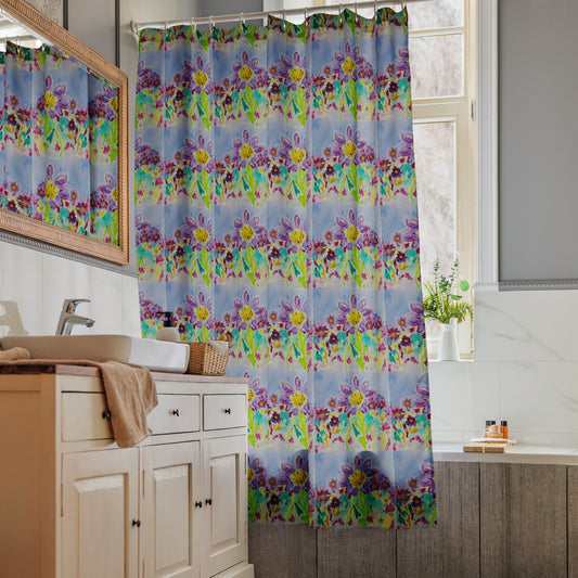Artistic shower curtain featuring original artwork—water-resistant, durable, and perfect for adding color and personality to any bathroom; ideal for modern, boho, or creative home decor styles.