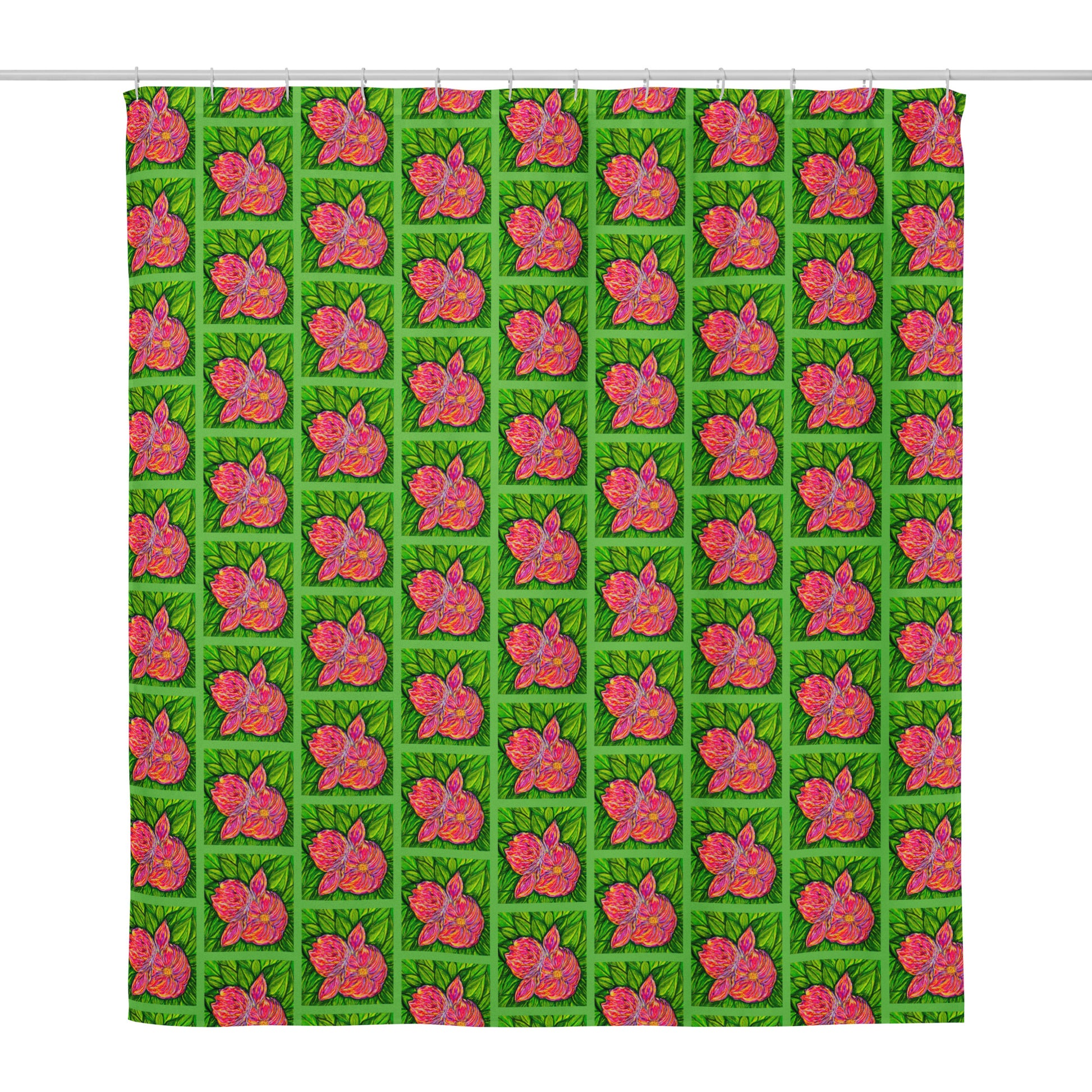 Artistic shower curtain featuring original artwork—water-resistant, durable, and perfect for adding color and personality to any bathroom; ideal for modern, boho, or creative home decor styles.