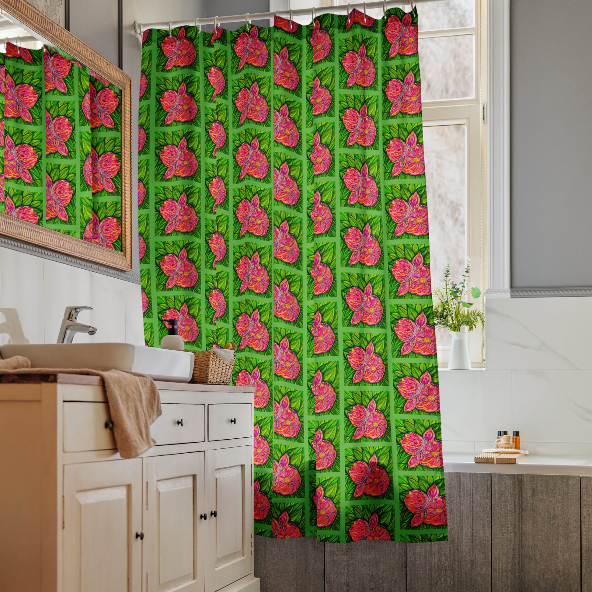 Artistic shower curtain featuring original artwork—water-resistant, durable, and perfect for adding color and personality to any bathroom; ideal for modern, boho, or creative home decor styles.