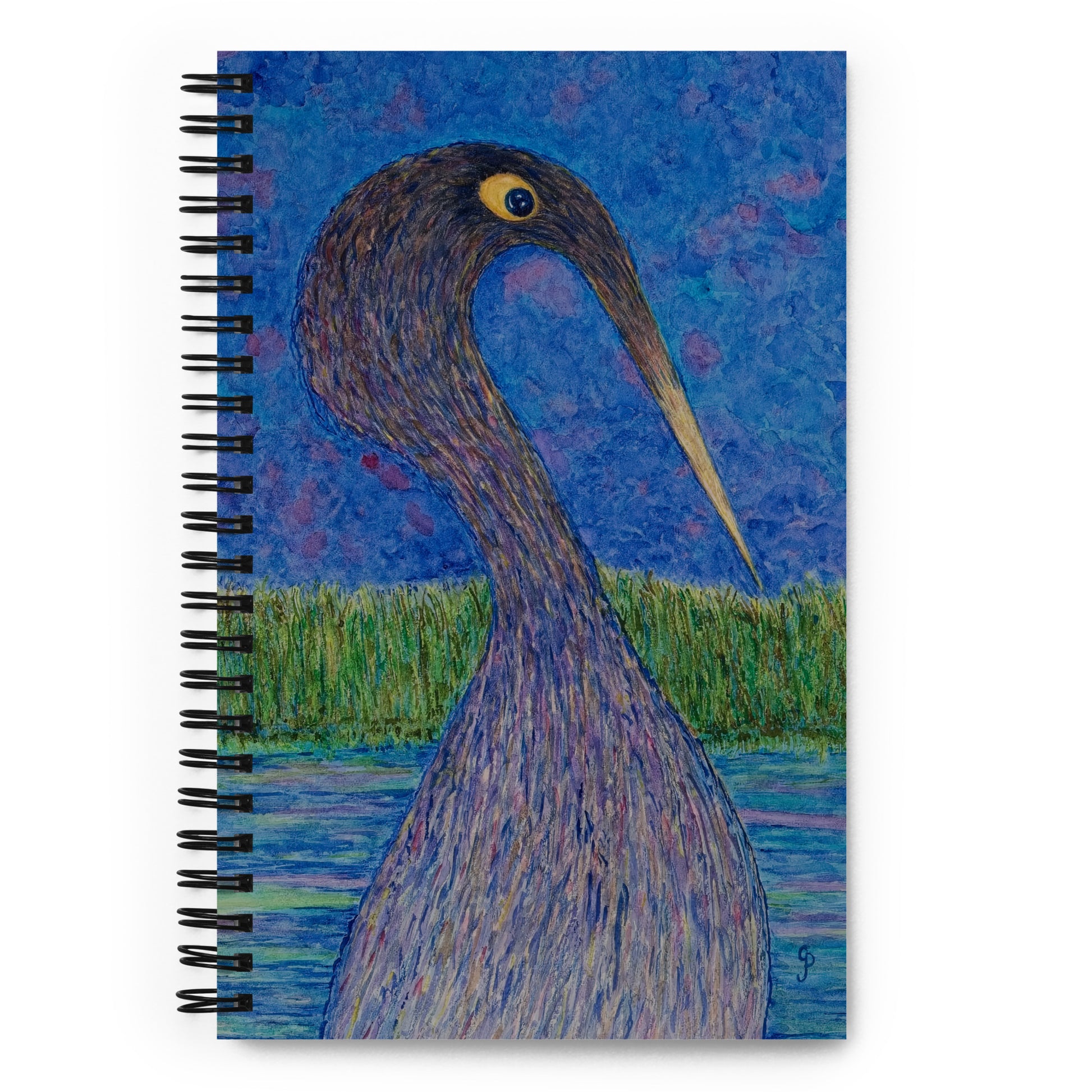 Notebook with a painted cover of a Anhinga bird on water against a blue sky