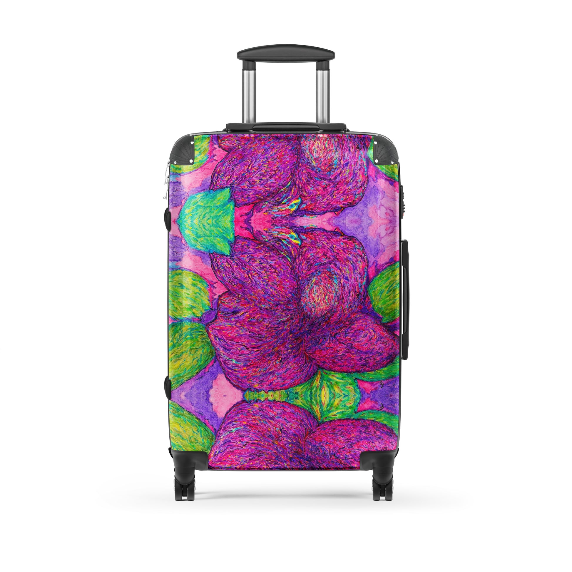 Durable hard-shell suitcase featuring original artwork—lightweight, impact-resistant, and equipped with 360° spinner wheels; perfect for stylish travel, carry-on, or checked luggage needs.