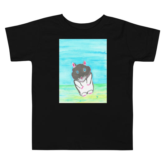 Black t-shirt with a colorful graphic of a hamster on a blue and green abstract background