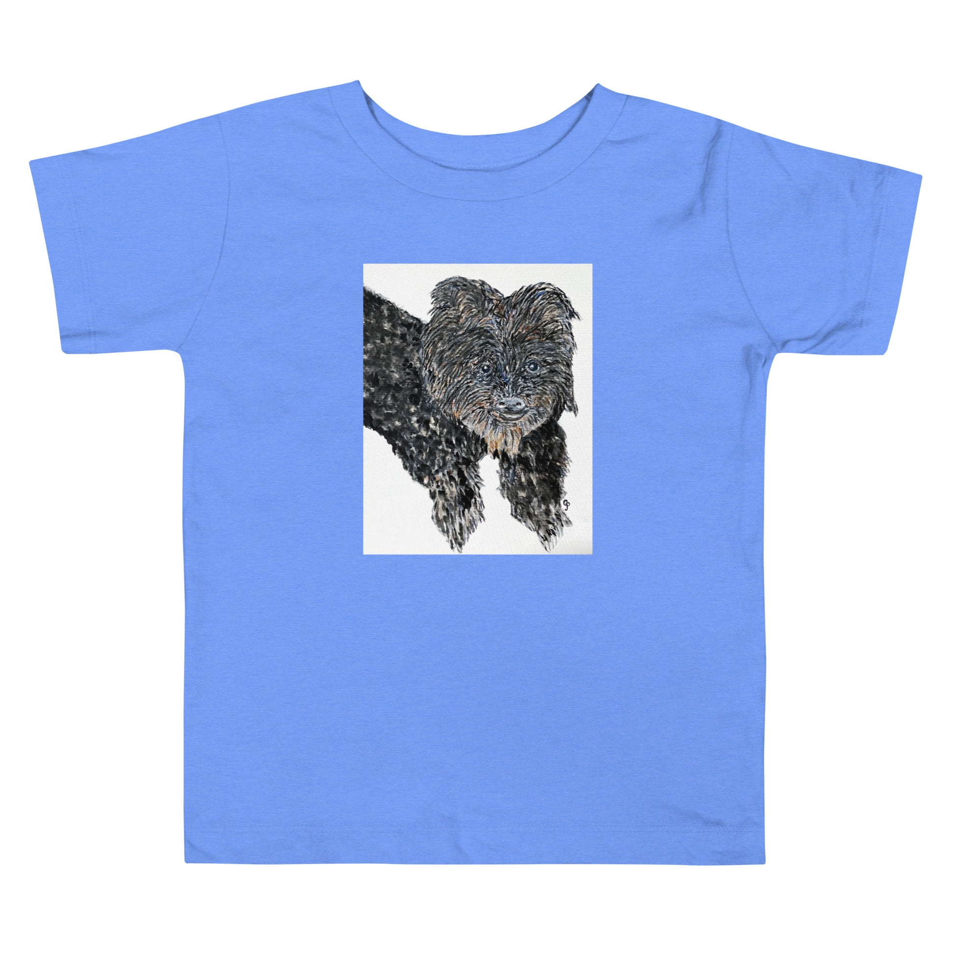 Blue t-shirt with a dog illustration on a white background